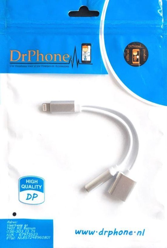 2x DrPhone LS01 - Bluetooth - 2 in 1 Lightning + Aux Kabel – Opladen en Aux – 2 poorts – Splitter  - Werkt met Bluetooth -  Voor iPhone 13 / 12 / 11 etc  / iPad -  Zwart - DrPhone