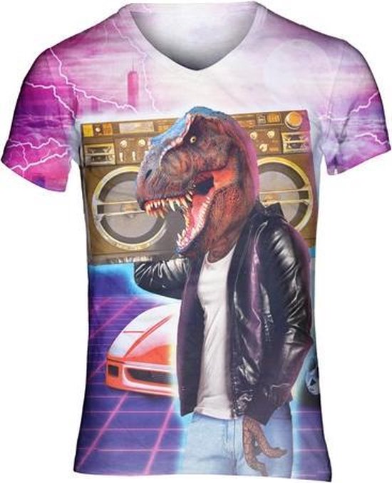 Boombox T-rex Festival shirt - Maat: L - V-hals - Feestkleding - Festival Outfit - Fout Feest - T-shirt voor festivals - Rave party kleding - Rave outfit - Retro - Dino's - Nineties