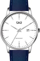 Q&Q heren horloge met blauw lederen band en datumaanduiding BL76J811