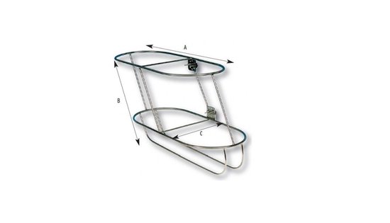 Zilverkleurige RVS schuine fenderhouder voor 2 stootwillen, met afmetingen A, B en C aangegeven.