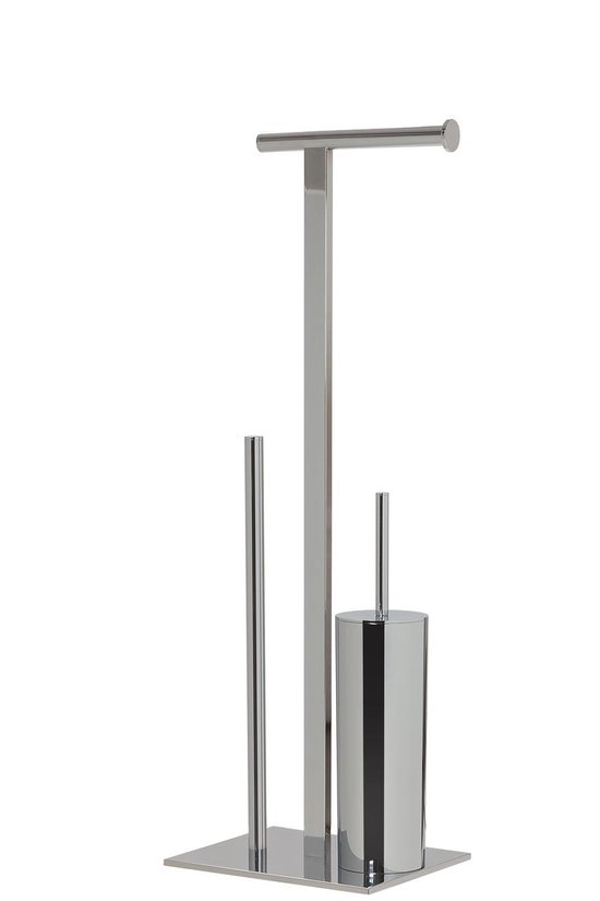 Een chromen toiletbutler met een toiletrolhouder en een toiletborstelhouder.