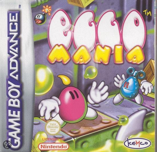 Game Boy Advance speldoos met de titel 'EGGO MANIA', een roze ei-achtig personage en een blauw robotpersonage, met Nintendo en Kemco logo's.