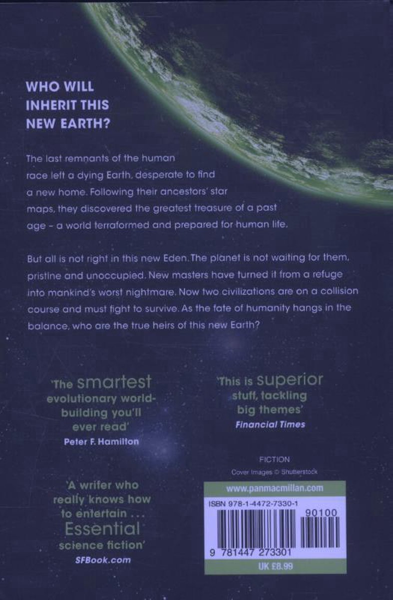 Boekomslag met de tekst 'WHO WILL INHERIT THIS NEW EARTH?', een groene planeet en sterren. Er zijn ook recensies en de ISBN-barcode te zien.