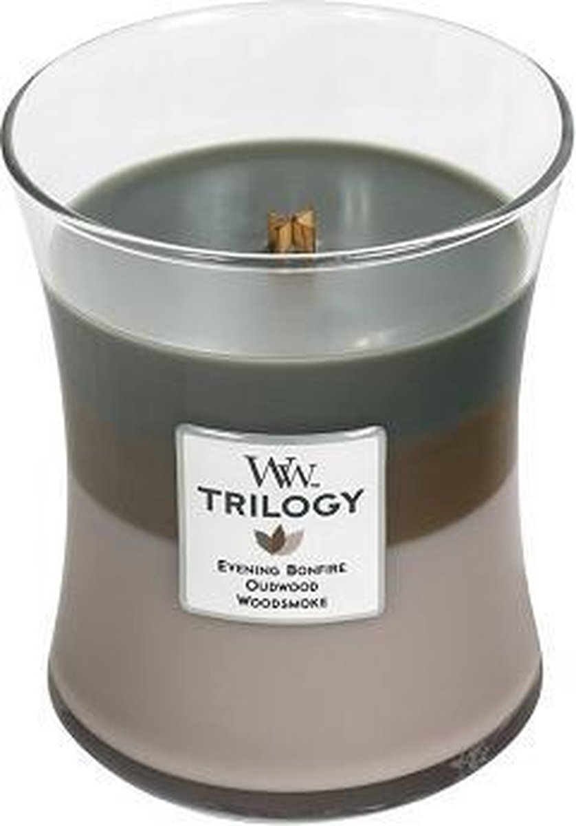 Woodwick Hourglass Medium Trilogy Geurkaars Cozy Cabin