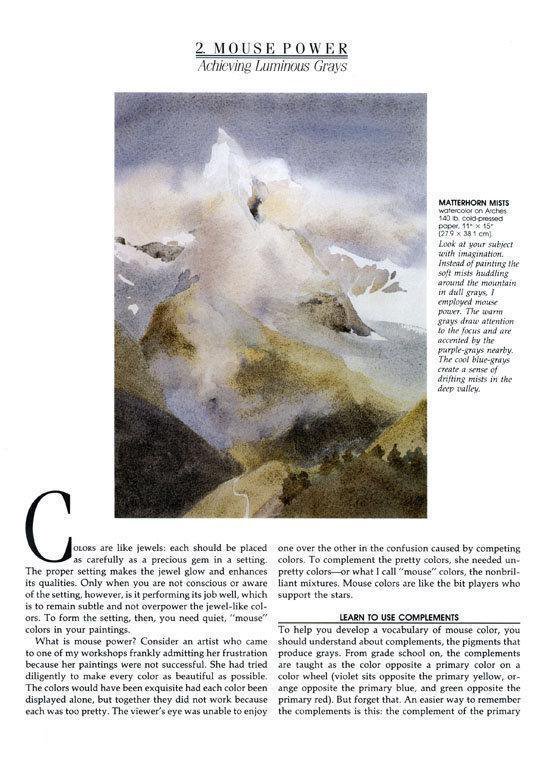Schilderij van de Matterhorn in grijstinten en bruinen met mistige valleien en besneeuwde toppen.