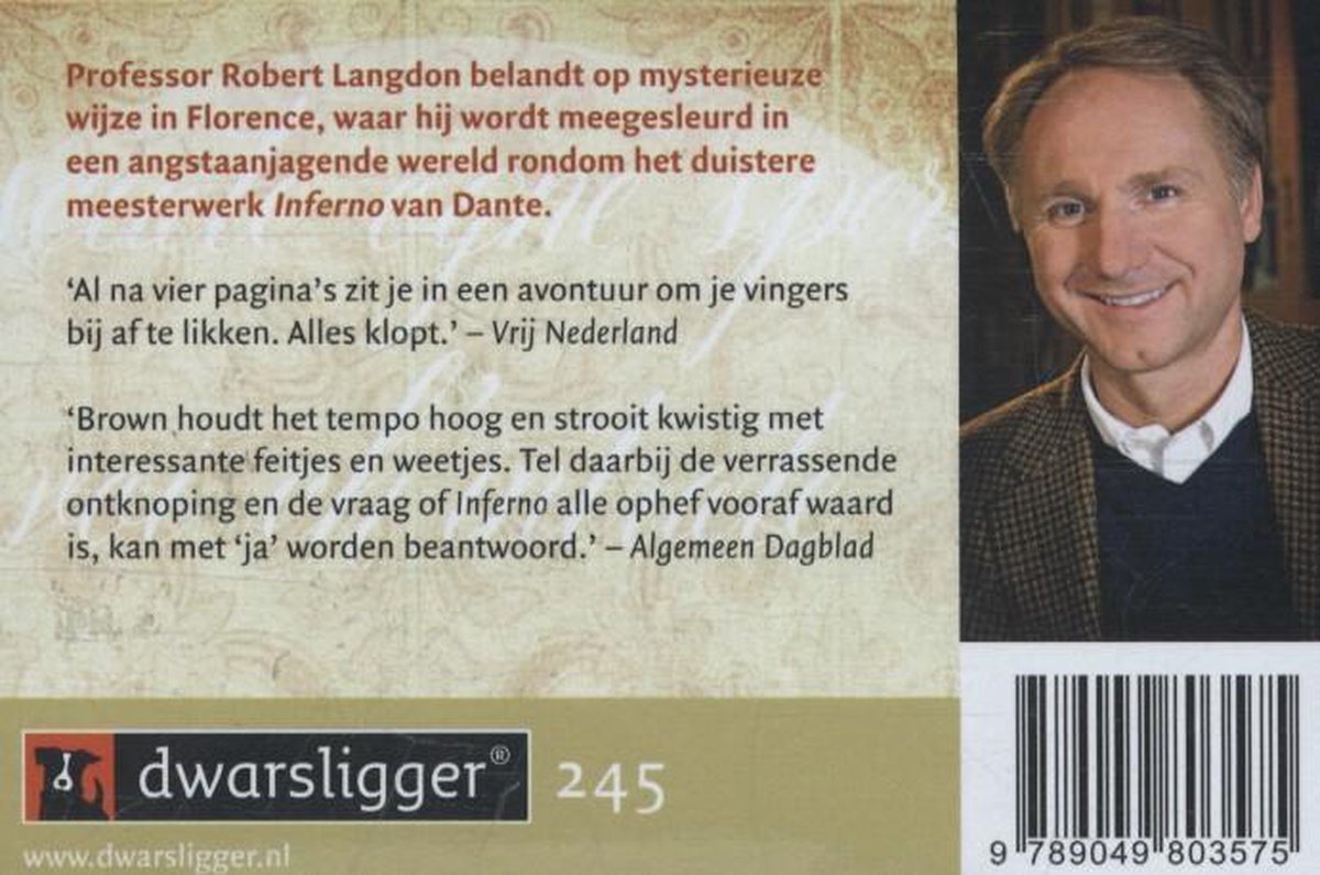 Foto van de achterflap van het boek 'Inferno' met een portret van Dan Brown.