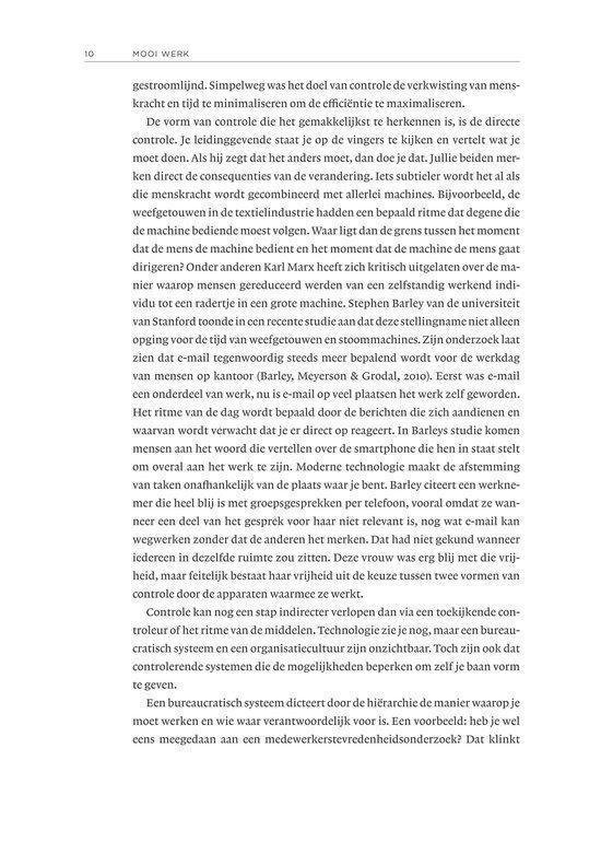 Pagina 10 van het boek 'Mooi Werk' met tekst over controle en technologische ontwikkelingen.