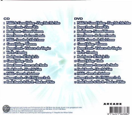 Achterkant van de CD/DVD "De Beste Zangers van Nederland 3". Lijst met nummers op CD en DVD.