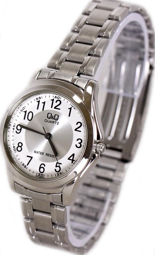 Q&Q Q207J204Y - Horloge - Analoog - Dames - Vrouwen - stalen band - Rond - Cijfers - Staal - Zilverkleurig - Wit - 3ATM
