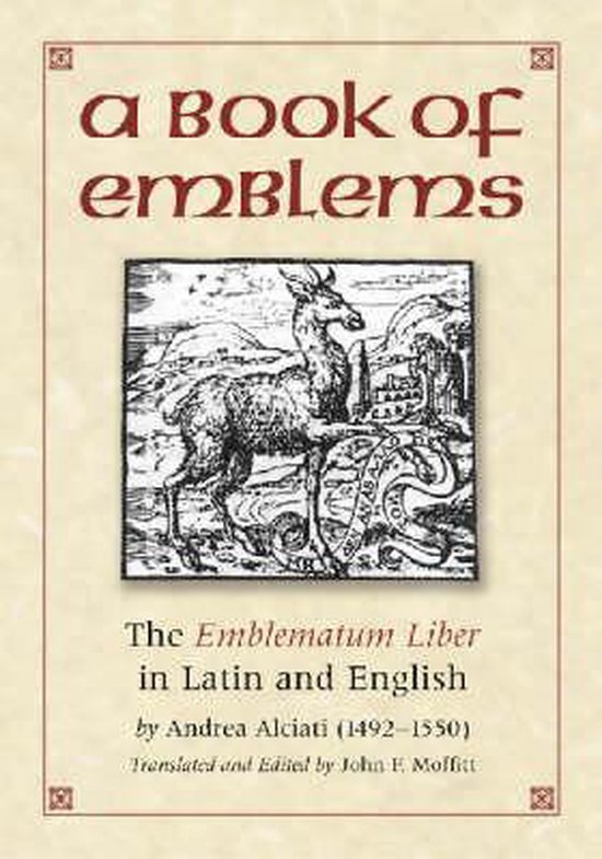Boekcover met de titel 'a Book of emblems'. Een illustratie van een hert met een wiel.