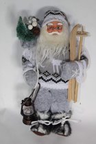 Staande kerstman met ski's en lantaarn en stoffen kleding - 30 cm