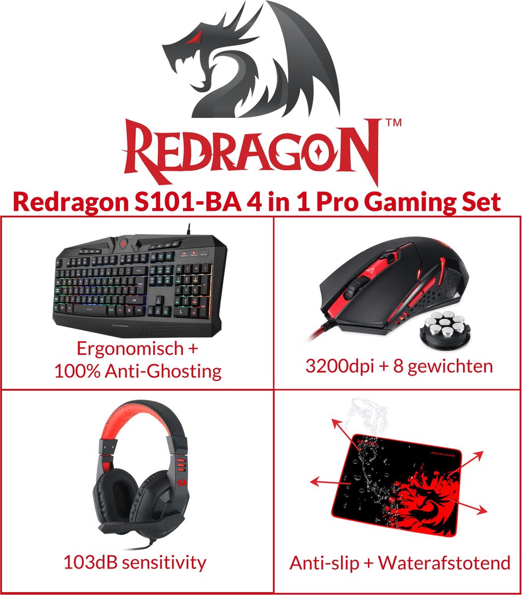 REDRAGON S101-BA 4 in 1 Pro Gaming Box Set (Toetsenbord, Muis, Headset & Muismat)