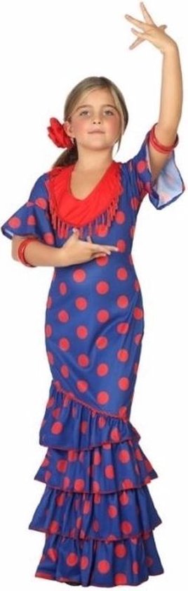 Flamenco danseres kostuum / jurk blauw met rood 140 (10-12 jaar)