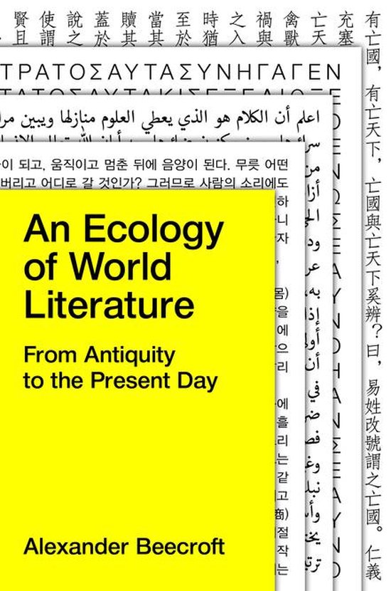 Boek "An Ecology of World Literature" in het geel, met diverse talen op de achtergrond.