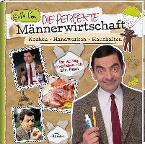 Boek "Die perfekte Männerwirtschaft" met Mr. Bean op de voorkant, met tekst "Kochen Handwerken Haushalten".