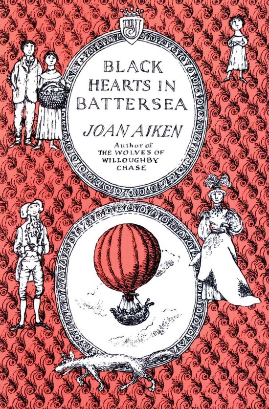 Boekomslag 'Black Hearts in Battersea' door Joan Aiken, met rood patroon, illustraties van figuren en een heteluchtballon.
