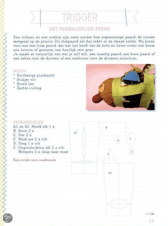 Illustratie en foto van een speelgoedpaard/kostuum met bruine, witte en gele vlakken.
