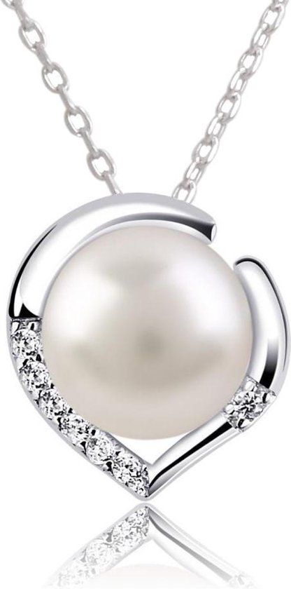 Fate Jewellery FJ480 – Pearl Teardrop – 925 Zilver, Ingelegd met Zirkonia kristallen en een Parel – 45cm + 5cm
