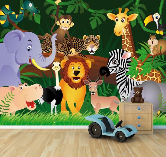 Fotobehang "Kinderkamer Wilde dieren in de jungle - Cartoon" 300x230cm