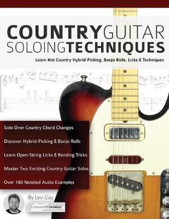 Livre "Country Guitar Soloing Techniques" avec "Learn Hot Country Hybrid-Picking, Banjo Rolls, Licks & Techniques". La couverture montre une partie d'une guitare électrique.