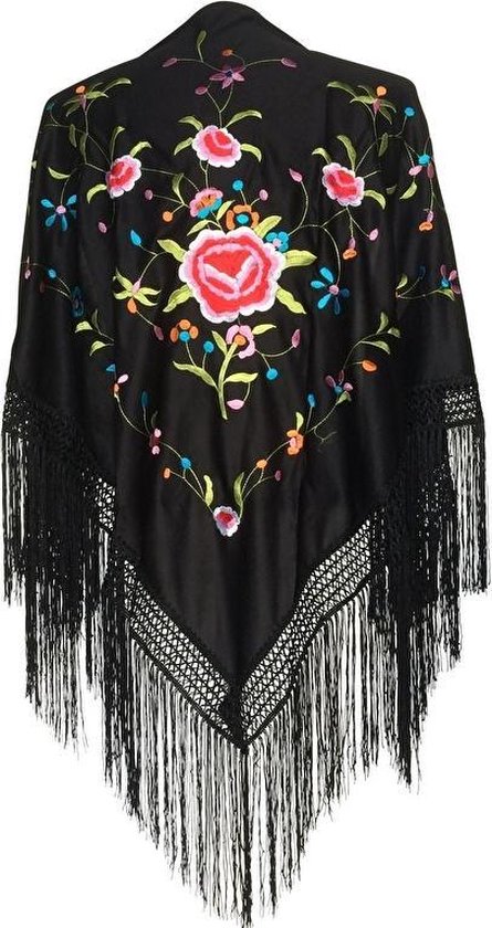Spaanse manton - omslagdoek - zwart met bloemen bij verkleedkleding of  flamenco jurk | bol.com
