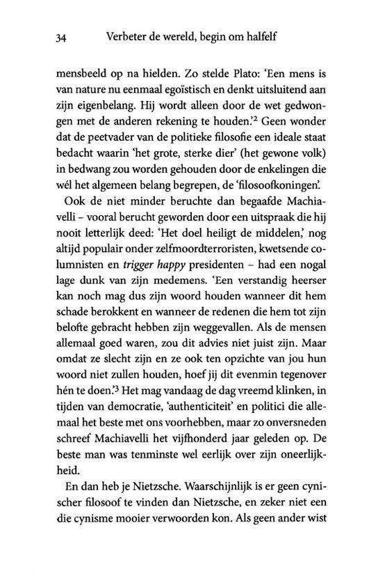 Pagina met tekst uit het boek 'Verbeter de wereld, begin om halfelf'.