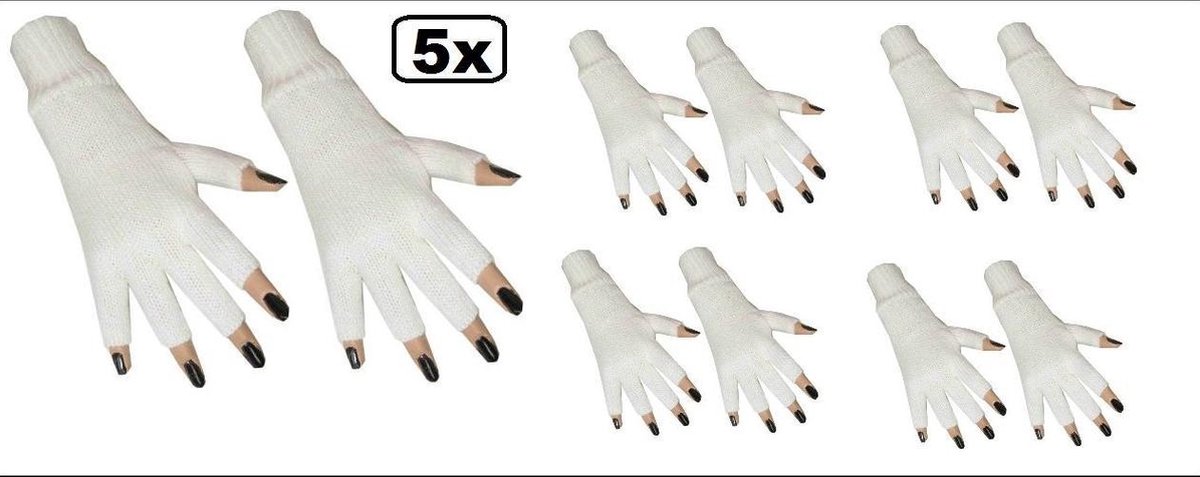 5x Paar vingerloze handschoen wit - Merk partyxplosion