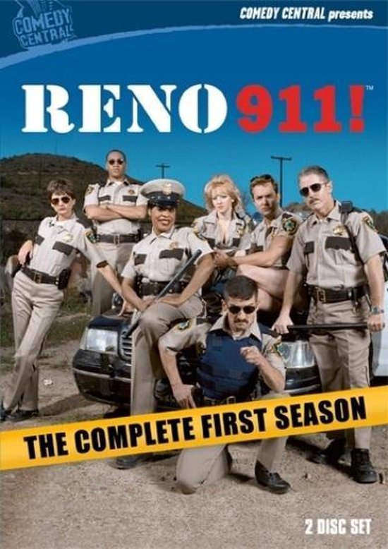 De cast van Reno 911! in uniform, met de tekst 'The Complete First Season'.