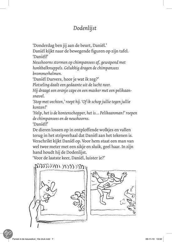 In stripboekvorm: neushoorn, papegaai, chimpansee en een man met hoed.