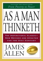 Boek "As a Man Thinketh" van James Allen, met gouden ei-icoon. "Includes the bonus book From Poverty to Power".