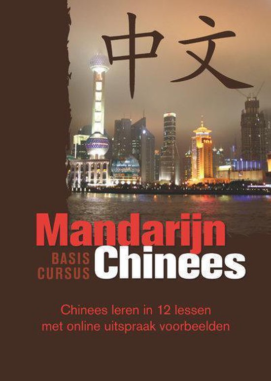 Basiscursus Mandarijn Chinees met Chinese karakters boven een skyline van Shanghai bij nacht.