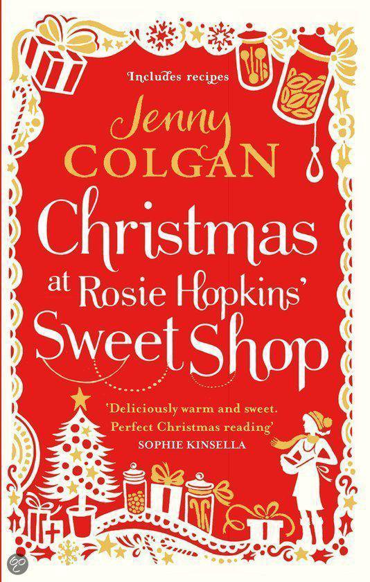 Couverture de livre : 'Christmas at Rosie Hopkins' Sweet Shop' avec sapin de Noël, cadeaux, bocaux et une fille en tenue de Noël.