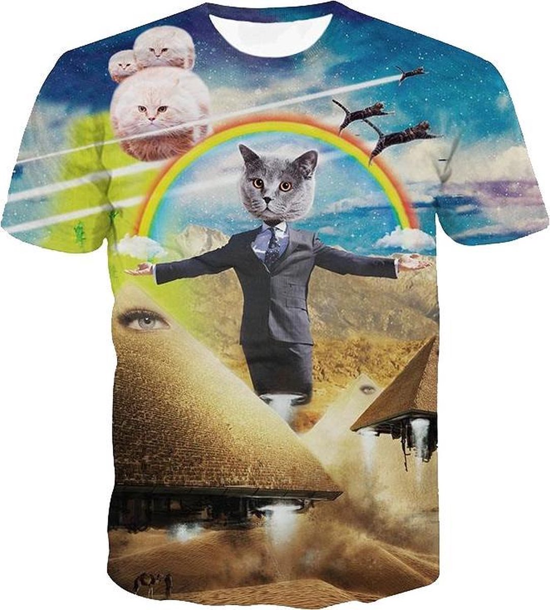 Illuminatie kattenshirt Festival shirt - Maat: M - Crew neck - Feestkleding - Festival Outfit - Fout Feest - T-shirt voor festivals - Rave party kleding - Rave outfit - Kattenshirt - Nineties