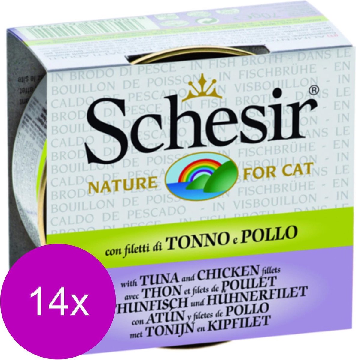Schesir Kat Bouillon 70 g - Kattenvoer - 14 x Tonijn&Kip Blik