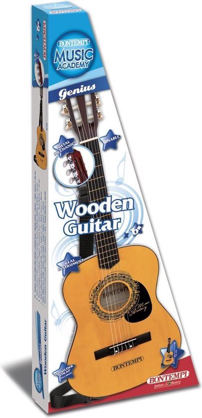 Wipvormige doos met daarop een houten gitaar met zwarte band en muzieknootdecoratie. Tekst 'Wooden Guitar'.