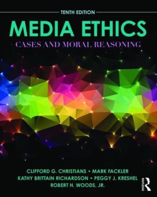 Titel 'Media Ethics', tiende editie. Met een geometrisch patroon van veelkleurige abstracte vormen op de voorgrond en de titel in groene en paarse letters.