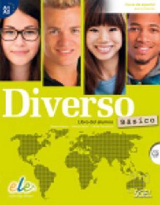 Boek "Diverso Básico" met een wereldkaart en vier lachende jongeren op de voorgrond.