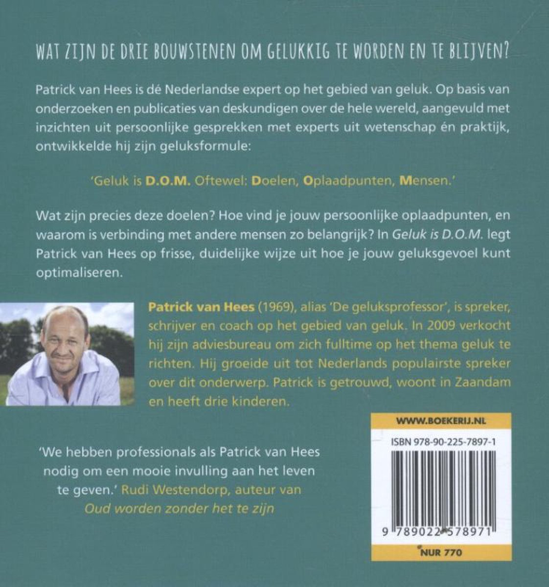 Achterkant van een boek met tekst en een portretfoto van een man.