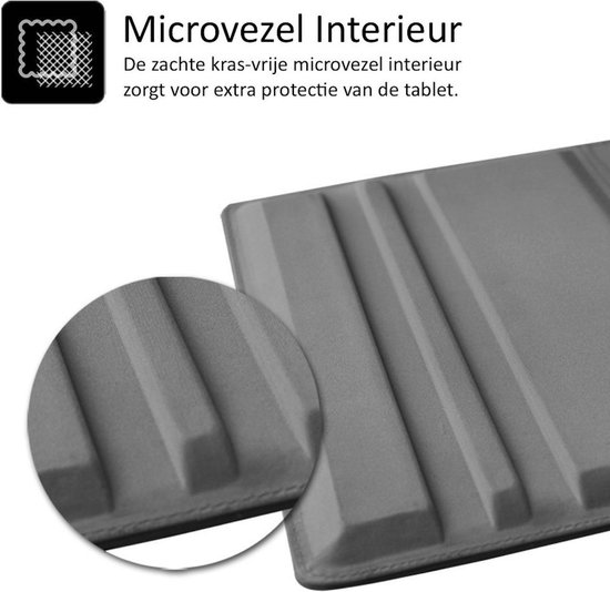 Gedetailleerd beeld van het zachte, krasvrije microvezel interieur van het grijze tablethoes.