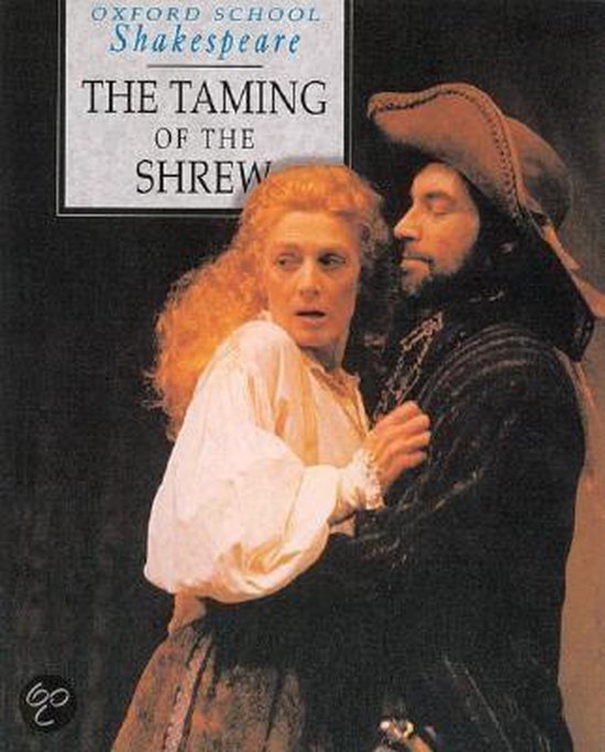 Een man met een hoed omhelst een vrouw met rood haar. Titel: 'The Taming of the Shrew'.