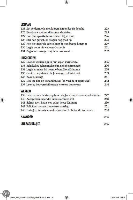Pagina 9 van 'Het enige echte eerlijke puberopvoedboek', met secties over lichaam, huishouden, werken en literatuurlijst.