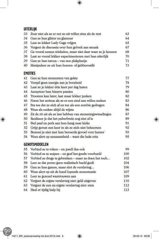 Inhoudsopgave van 'Het Enige Echte Eerlijke Puberopvoedboek'.