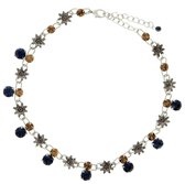 Korte ketting zilver-kleur met bruine en blauwe stenen