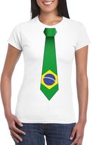 Wit t-shirt met Braziliaanse vlag stropdas dames - Brazilie supporter L