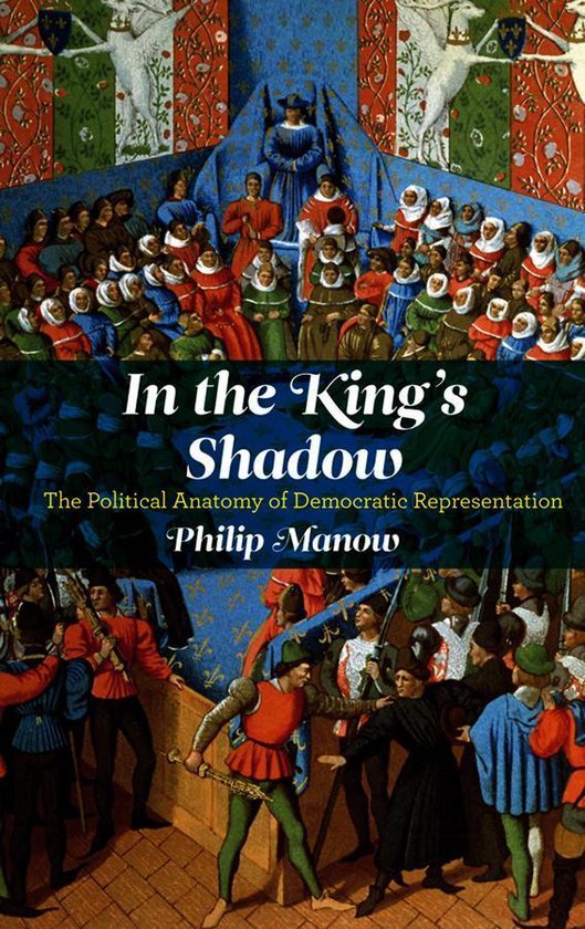 Livre 'In the King's Shadow' avec une illustration d'une cour royale et de soldats en tenue médiévale.