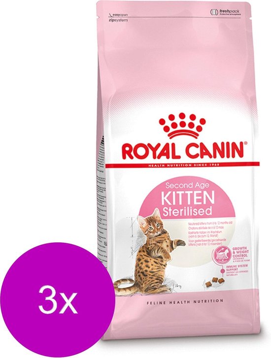 Roze zak kattenvoer van Royal Canin met een kitten op de voorgrond. Tekst 'Second Age Kitten Sterilised'. 3x verpakking.
