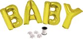 Folie ballonset goud met letters HOORAY 102 cm + geschenklint 10m met 4 witte strikken