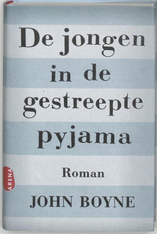 Livre 'Le garçon au pyjama rayé' de John Boyne, avec des rayures horizontales bleues et blanches.