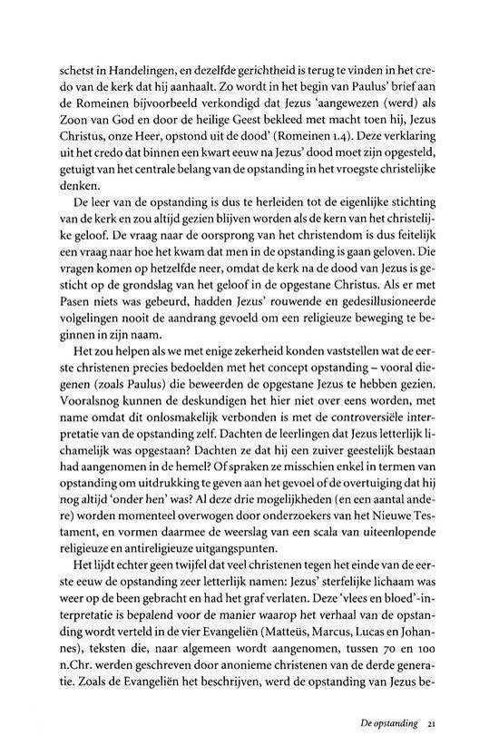 Tekst over de opstanding, met vermelding van Jezus, de apostel Paulus, de evangeliën en de vroege christenen. Pagina 21.