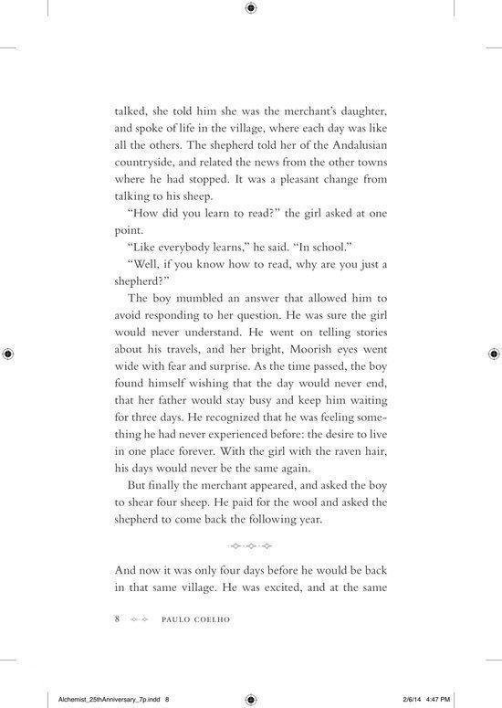 Bladzijde met tekst uit 'The Alchemist' over een herder en de dochter van een koopman.